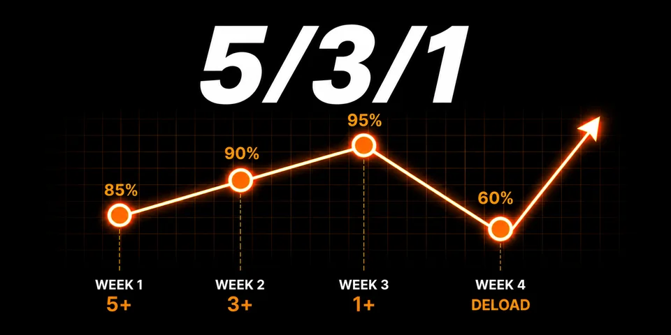 5/3/1 cycle chart: top-set percentages rising 85%, 90%, 95% across weeks 1 to 3, then a 60% deload week